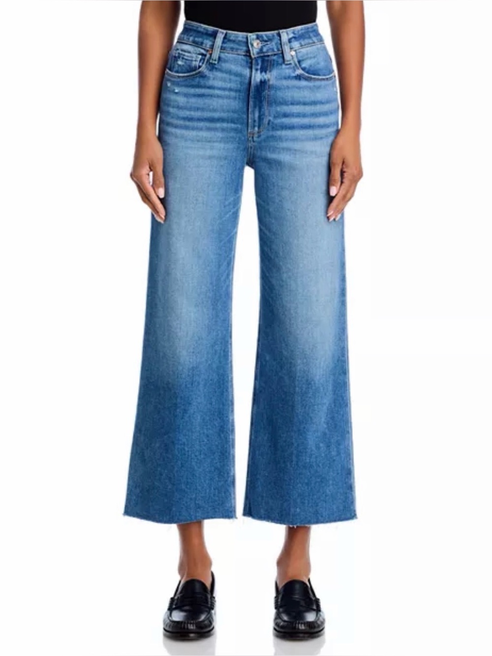 PAIGE Anessa High Rise Wide Leg Crop Jeans Raw Hem Light Wash Denim Size 25 - Picture 3 of 15
